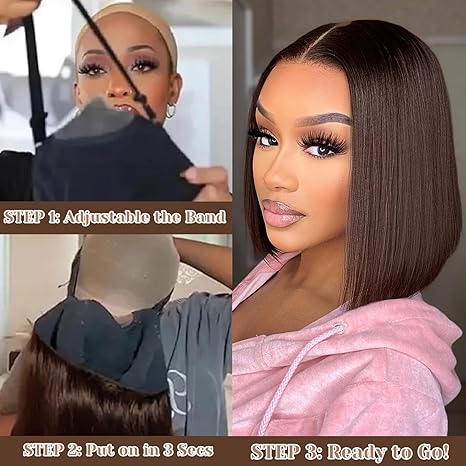 14 Inch 7x5  Bob  Lace Closure Wig Brown Wear and Go Glueless Synthetic Hair Pre Plucked Pre Cut  Bleached Knots Short Straight Wig 180% Density for Women