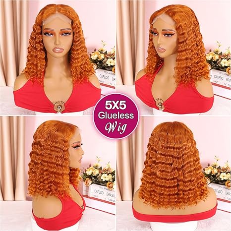 5x5 HD Lace Closure 14 Inch Curly Bob Ginger Wig Human Hair Deep Wave 200% Density Wigs Human Hair For Black Women Wear And Go Glueless Curly Wig