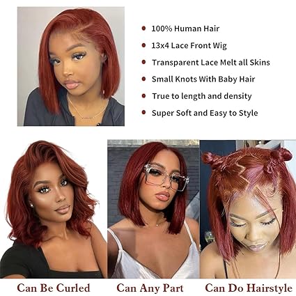 13x4 Reddish Brown Bob Wig 10inch Human Hair, Short Straight Lace Front Wigs Human Hair 180% Density Copper Red Brown Wig