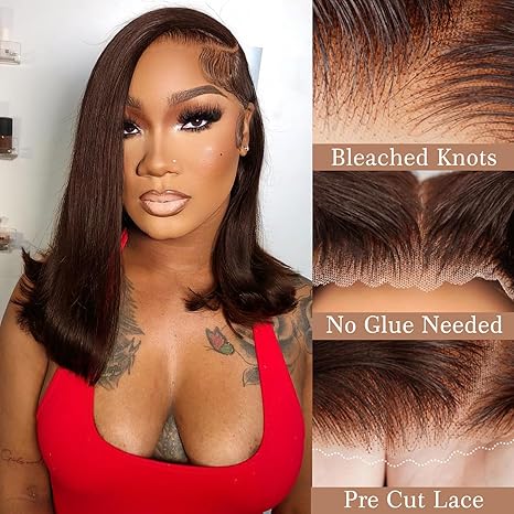 14 Inch 7x5  Bob  Lace Closure Wig Brown Wear and Go Glueless Synthetic Hair Pre Plucked Pre Cut  Bleached Knots Short Straight Wig 180% Density for Women
