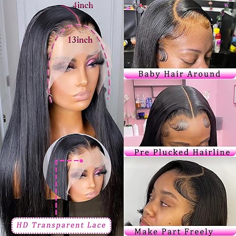 24inch Straight Lace Frontal Wigs Human Hair 13x4 HD Transparent Lace Front Wigs for Black Women Glueless Brazilian Virgin Hair Lace 180% Density Pre Plucked with Baby Hair Hairline