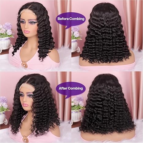 5x5 HD Lace 14 Inch  Closure Deep Wave Wigs Curly BOB Wig Human Hair 200 Density  Glueless Wear and Go Pre Plucked Deep Wave Wet Natural Black