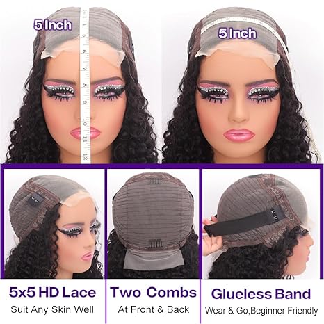 5x5 HD Lace 14 Inch  Closure Deep Wave Wigs Curly BOB Wig Human Hair 200 Density  Glueless Wear and Go Pre Plucked Deep Wave Wet Natural Black