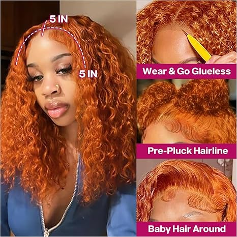5x5 HD Lace Closure 14 Inch  Curly Bob Ginger Wig Human Hair Deep Wave 200% Density Wigs Human Hair  For Black Women Wear And Go Glueless Curly Wig