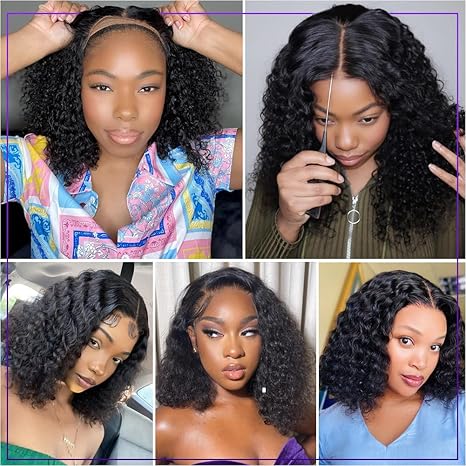 5x5 HD Lace 14 Inch  Closure Deep Wave Wigs Curly BOB Wig Human Hair 200 Density  Glueless Wear and Go Pre Plucked Deep Wave Wet Natural Black