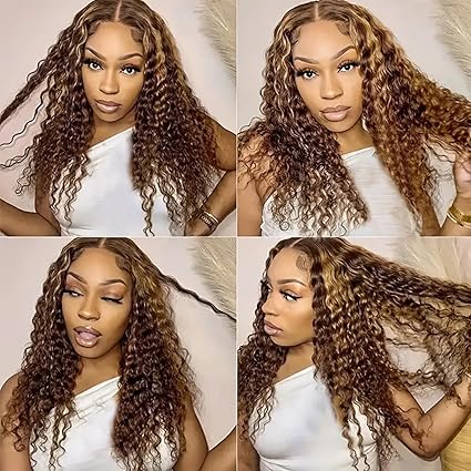 28 inch 13x6 Highlight Wig Human Hair- 180 Density HD Deep Wave Lace Front Wigs Curly Human Hair Wig Pre Plucked