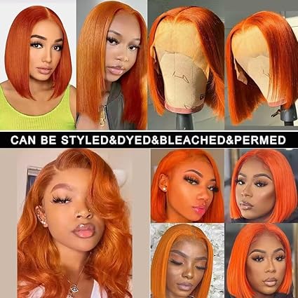 13X4 Ginger Orange&nbsp; 10 Inch Bob Wigs Human Hair&nbsp; HD Transparent Lace Frontal Wig&nbsp; Wear and Go Glueless&nbsp; Pre Plucked With Baby Hair Short hd Wigs