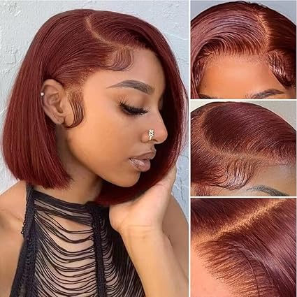 13x4 Reddish Brown Bob Wig 10inch Human Hair, Short Straight Lace Front Wigs Human Hair 180% Density Copper Red Brown Wig
