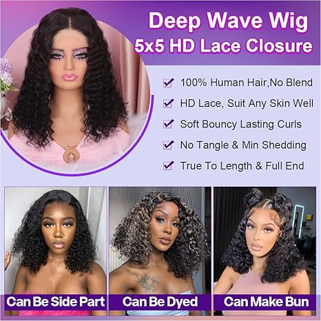 5x5 HD Lace 14 Inch  Closure Deep Wave Wigs Curly BOB Wig Human Hair 200 Density  Glueless Wear and Go Pre Plucked Deep Wave Wet Natural Black