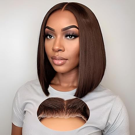 14 Inch 7x5  Bob  Lace Closure Wig Brown Wear and Go Glueless Synthetic Hair Pre Plucked Pre Cut  Bleached Knots Short Straight Wig 180% Density for Women