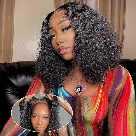 5x5 HD Lace 14 Inch  Closure Deep Wave Wigs Curly BOB Wig Human Hair 200 Density  Glueless Wear and Go Pre Plucked Deep Wave Wet Natural Black