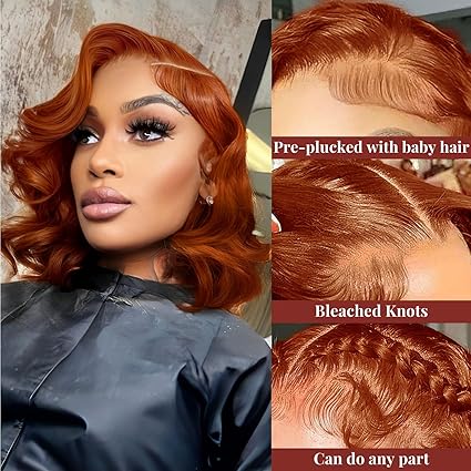 5x6 HD  12inch  Loose Body Bob Wig Reddish Brown Short Body Wave Human Hair Wig Glueless Lace Front Wigs Pre Plucked with Baby Hair Bleached Knots