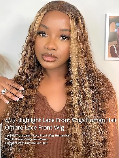 28 inch 13x6 Highlight Wig Human Hair- 180 Density HD Deep Wave Lace Front Wigs Curly Human Hair Wig Pre Plucked